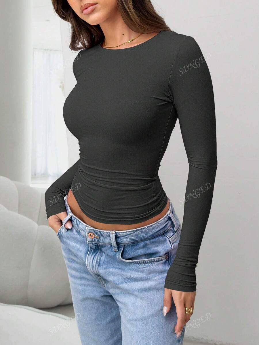 Women's Ruched Slim-Fit Long Sleeve T-Shirt – Plain Crew Neck (All Seasons)