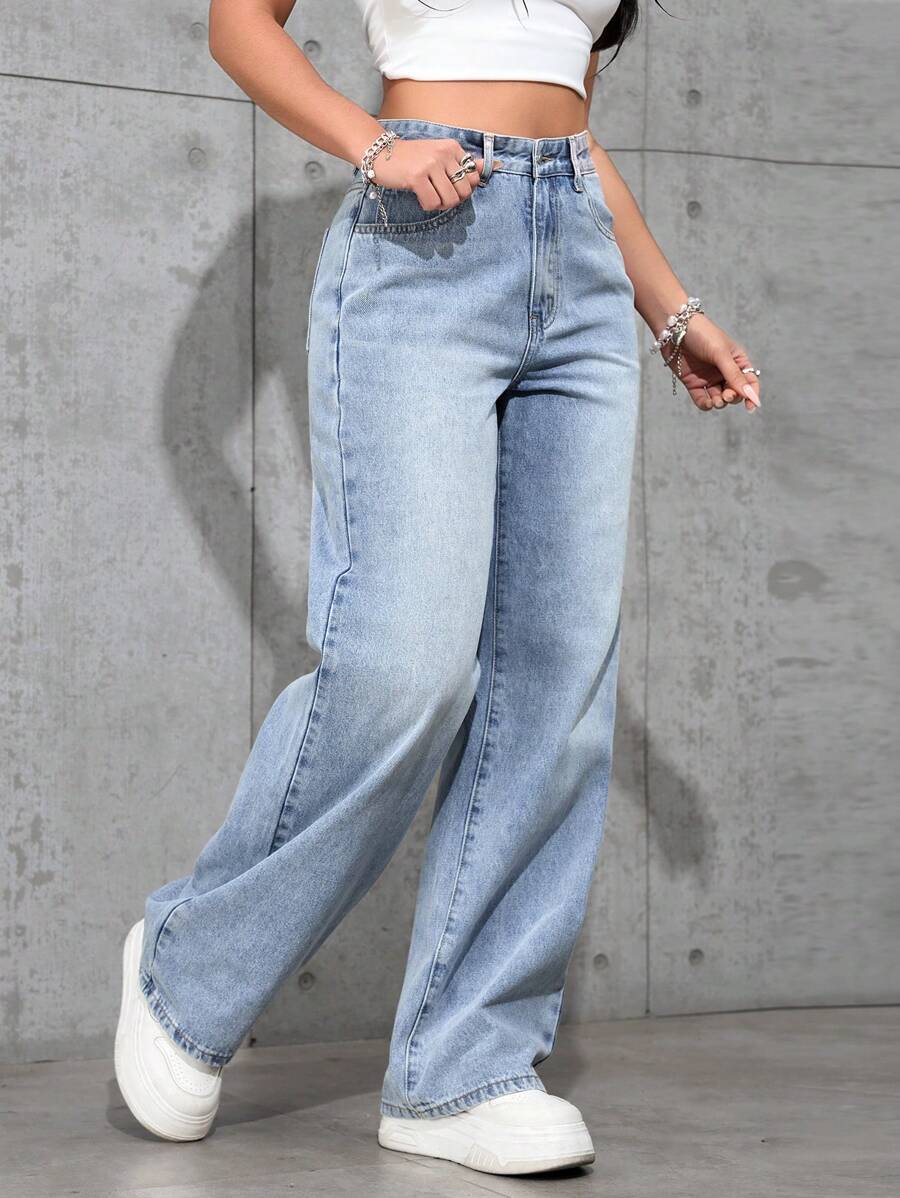 Women's Retro Washed Straight-Leg Jeans – Mid-Waist