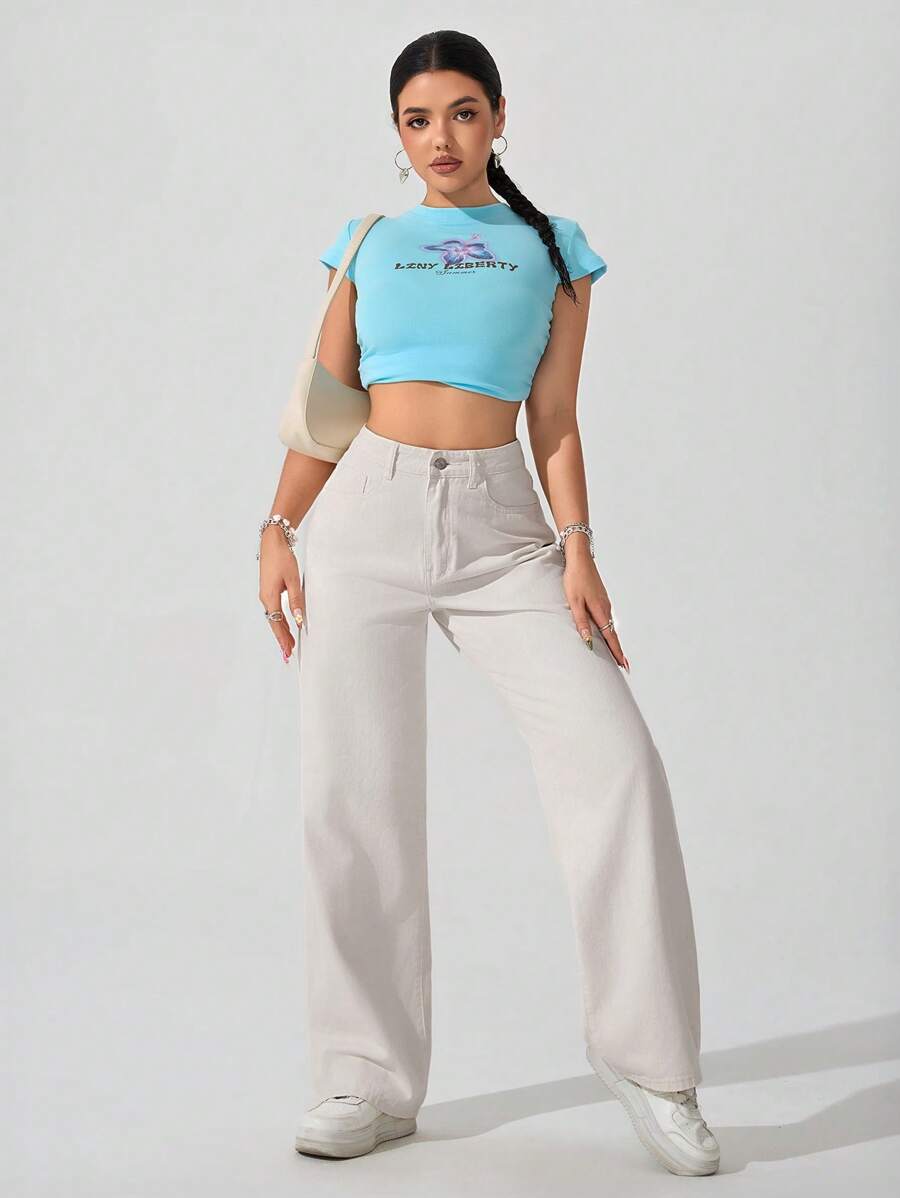Women's Retro Washed Straight-Leg Jeans – Mid-Waist