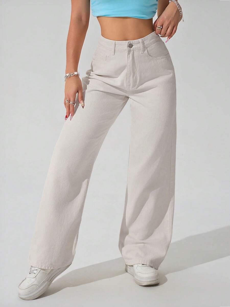 Women's Retro Washed Straight-Leg Jeans – Mid-Waist