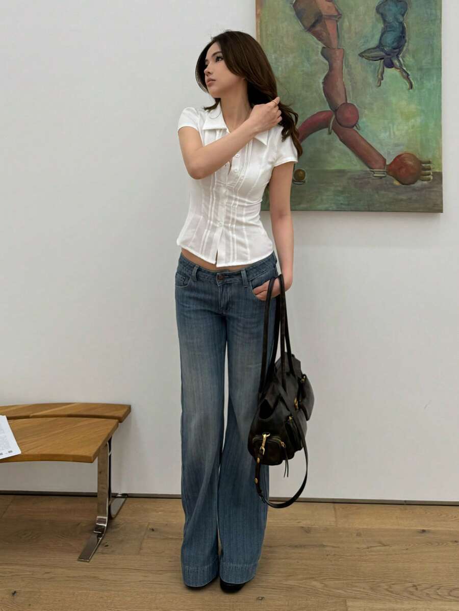 Women's Slim-Fit Collared Blouse – Short Sleeve, Solid Color