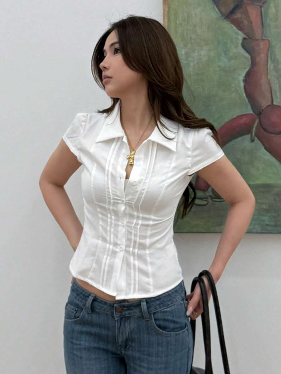 Women's Slim-Fit Collared Blouse – Short Sleeve, Solid Color