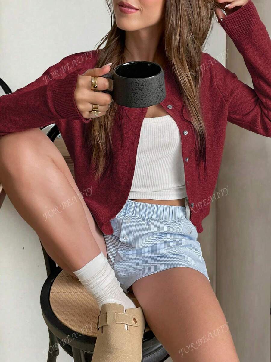Women's Round Neck Twisted Buckle Knit Cardigan – Solid Color (Autumn/Winter)