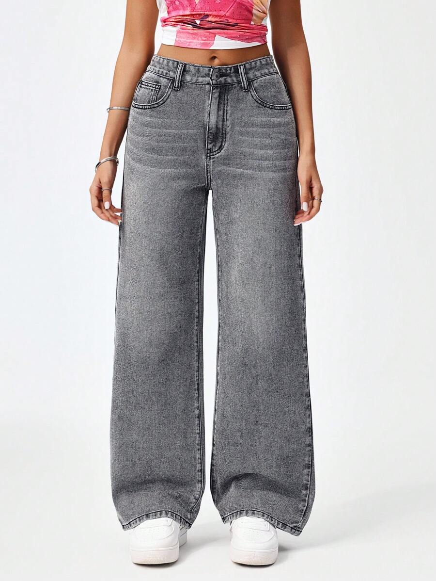 Women's Retro Washed Straight-Leg Jeans – Mid-Waist