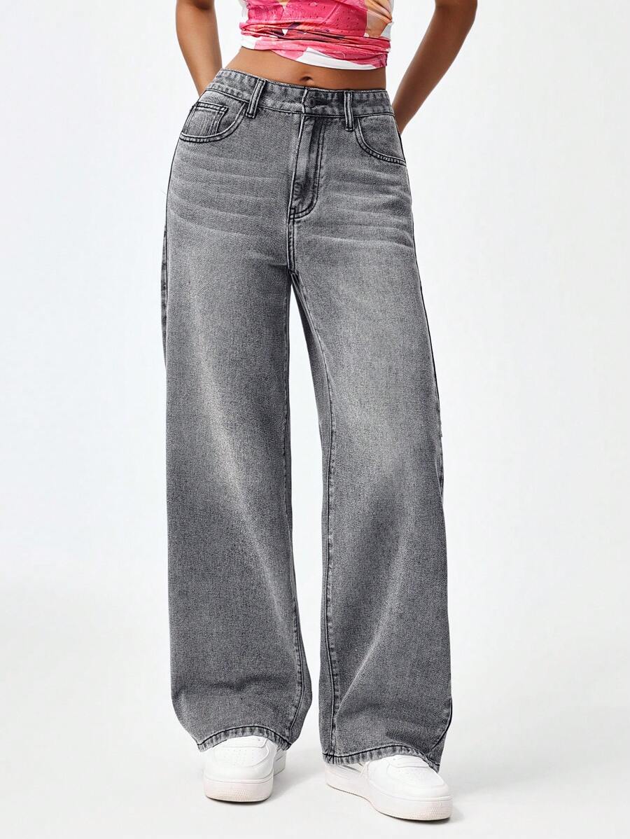 Women's Retro Washed Straight-Leg Jeans – Mid-Waist