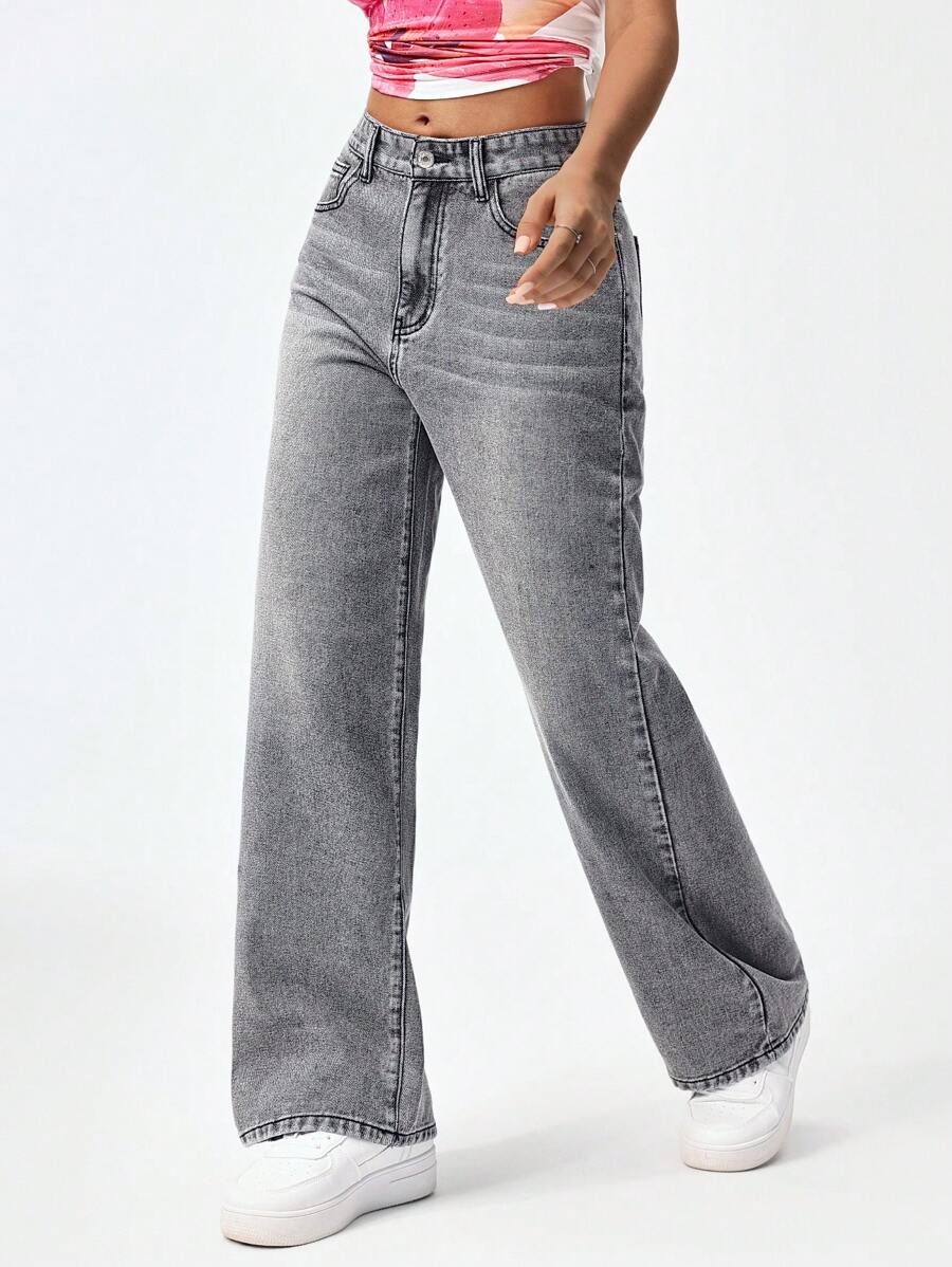 Women's Retro Washed Straight-Leg Jeans – Mid-Waist