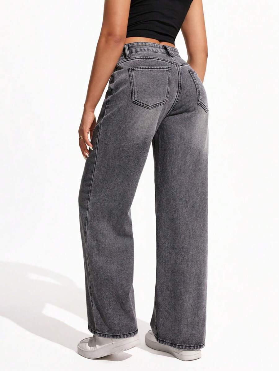 Women's Retro Washed Straight-Leg Jeans – Mid-Waist