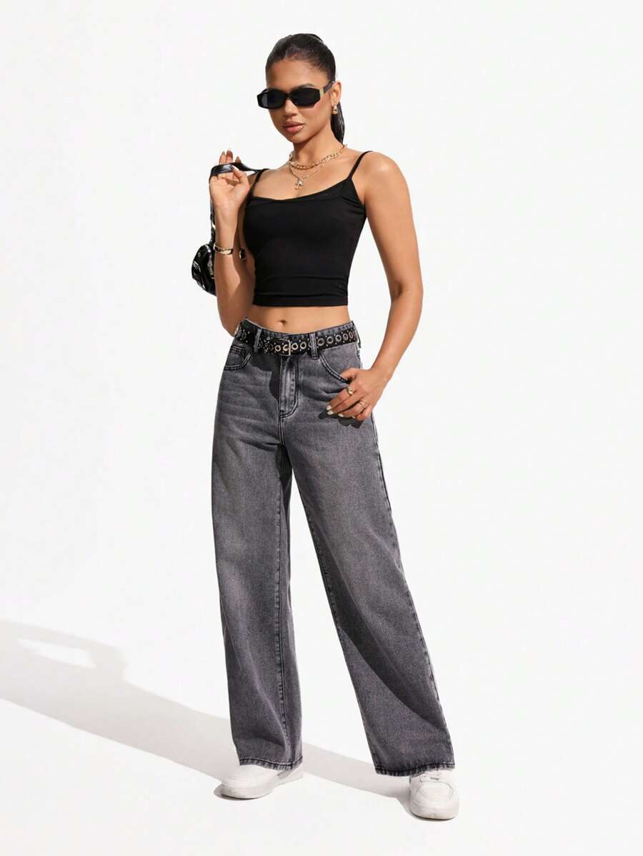 Women's Retro Washed Straight-Leg Jeans – Mid-Waist