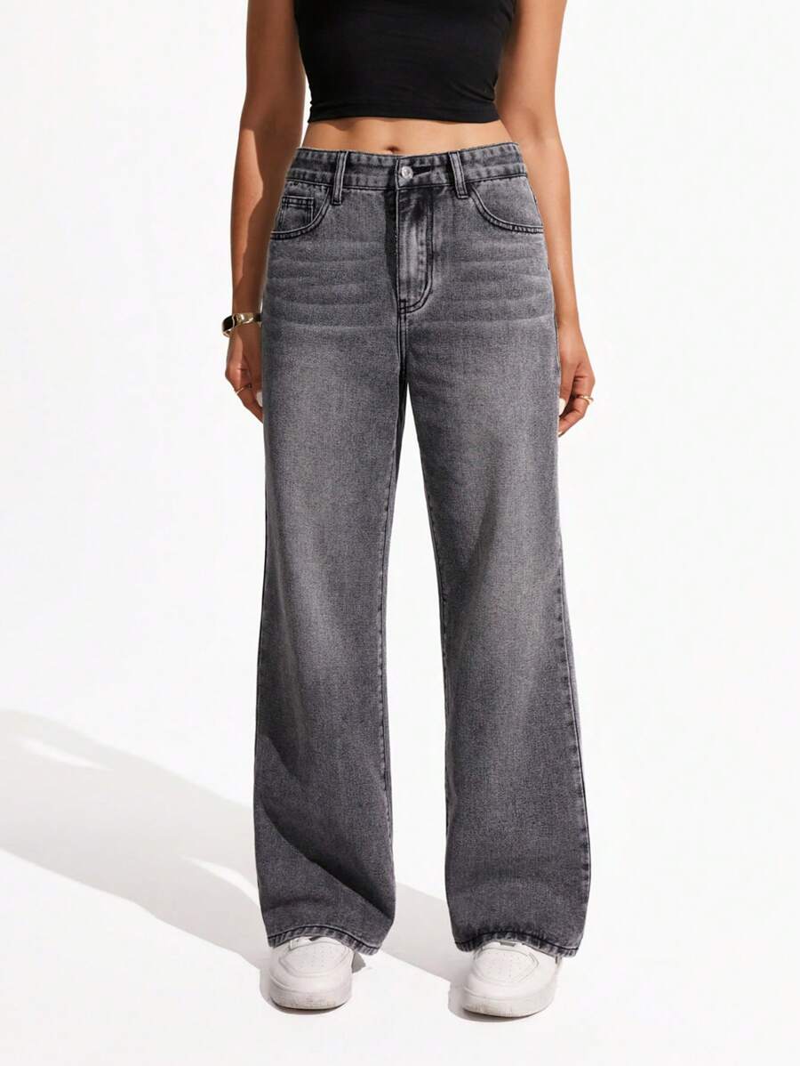 Women's Retro Washed Straight-Leg Jeans – Mid-Waist