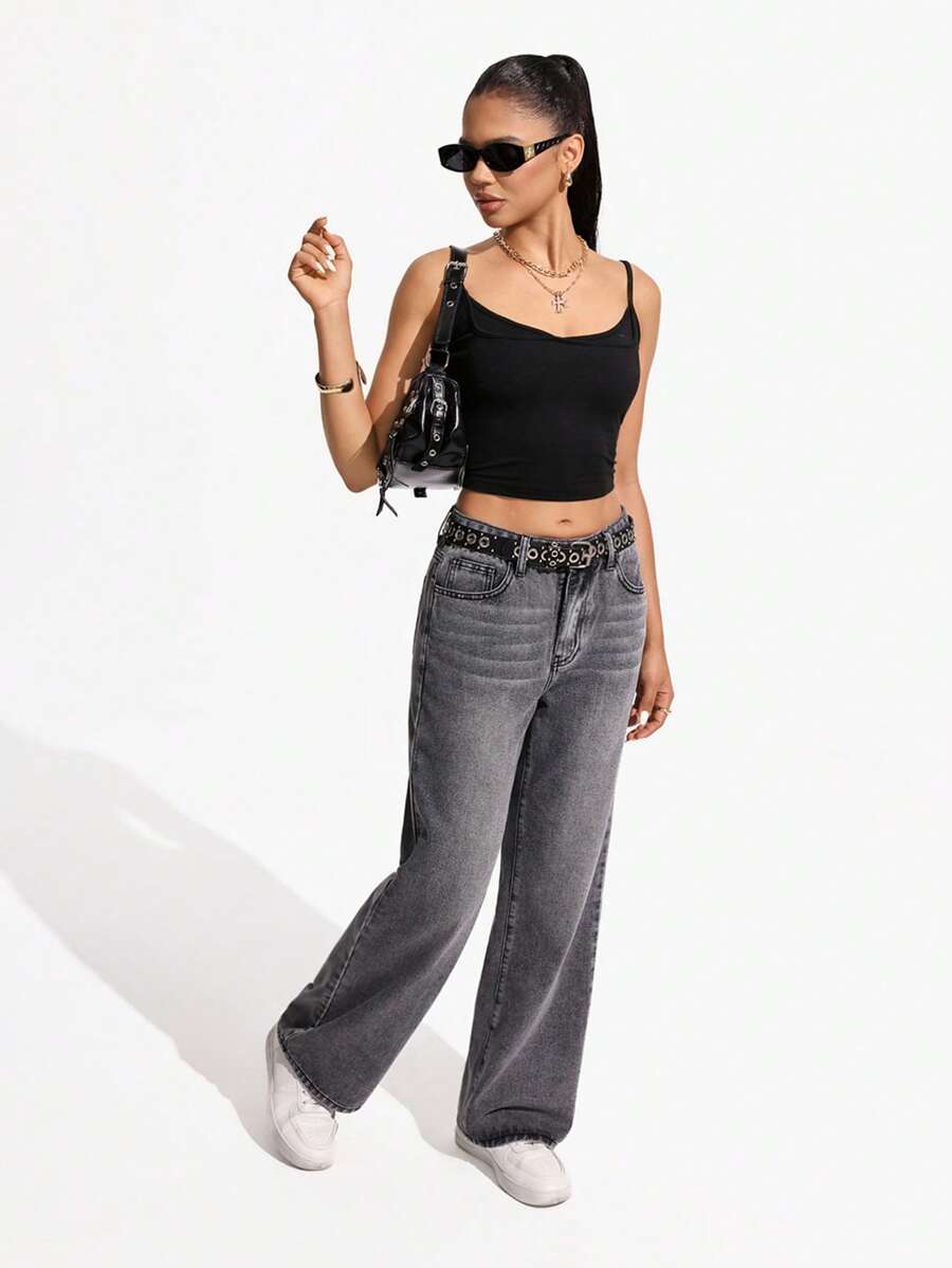 Women's Retro Washed Straight-Leg Jeans – Mid-Waist
