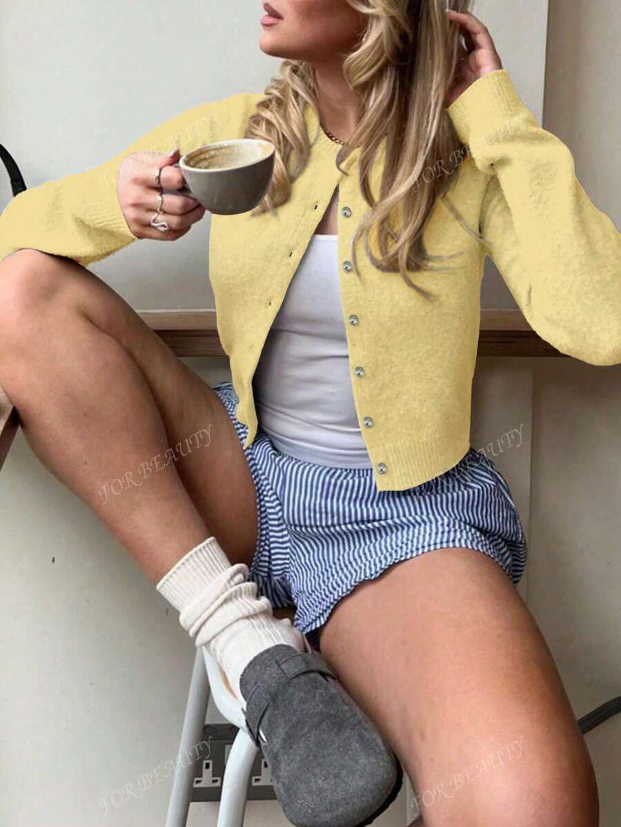 Women's Round Neck Twisted Buckle Knit Cardigan – Solid Color (Autumn/Winter)