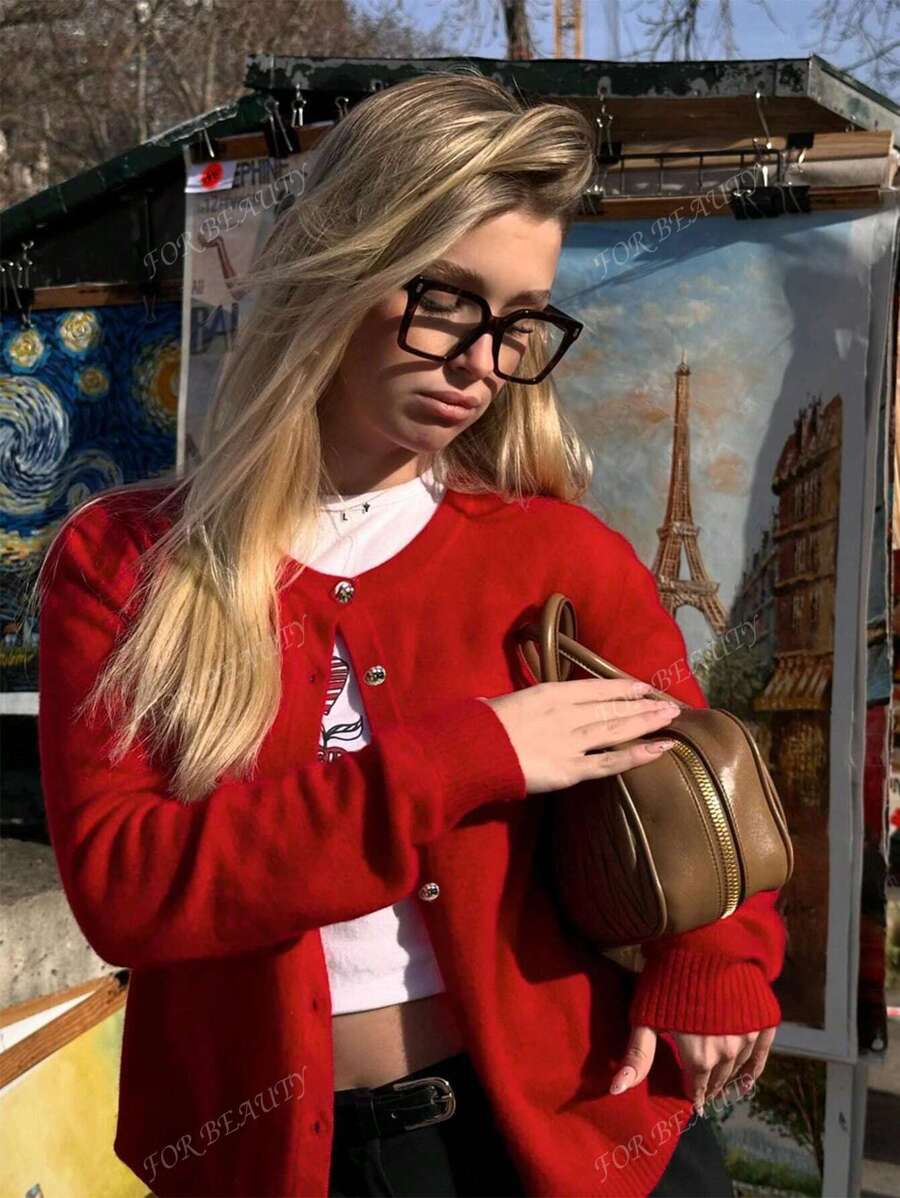 Women's Round Neck Twisted Buckle Knit Cardigan – Solid Color (Autumn/Winter)