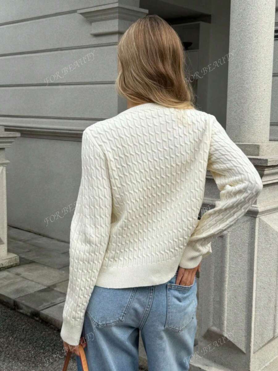 Women's White Round Neck Button-Up Knit Cardigan – Simple & Chic (Autumn/Winter)