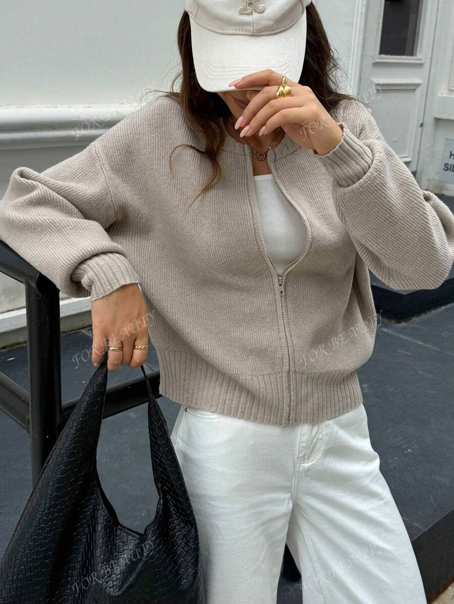 Women's Round Neck Zip-Up Knit Cardigan – Solid Color (Autumn/Winter)