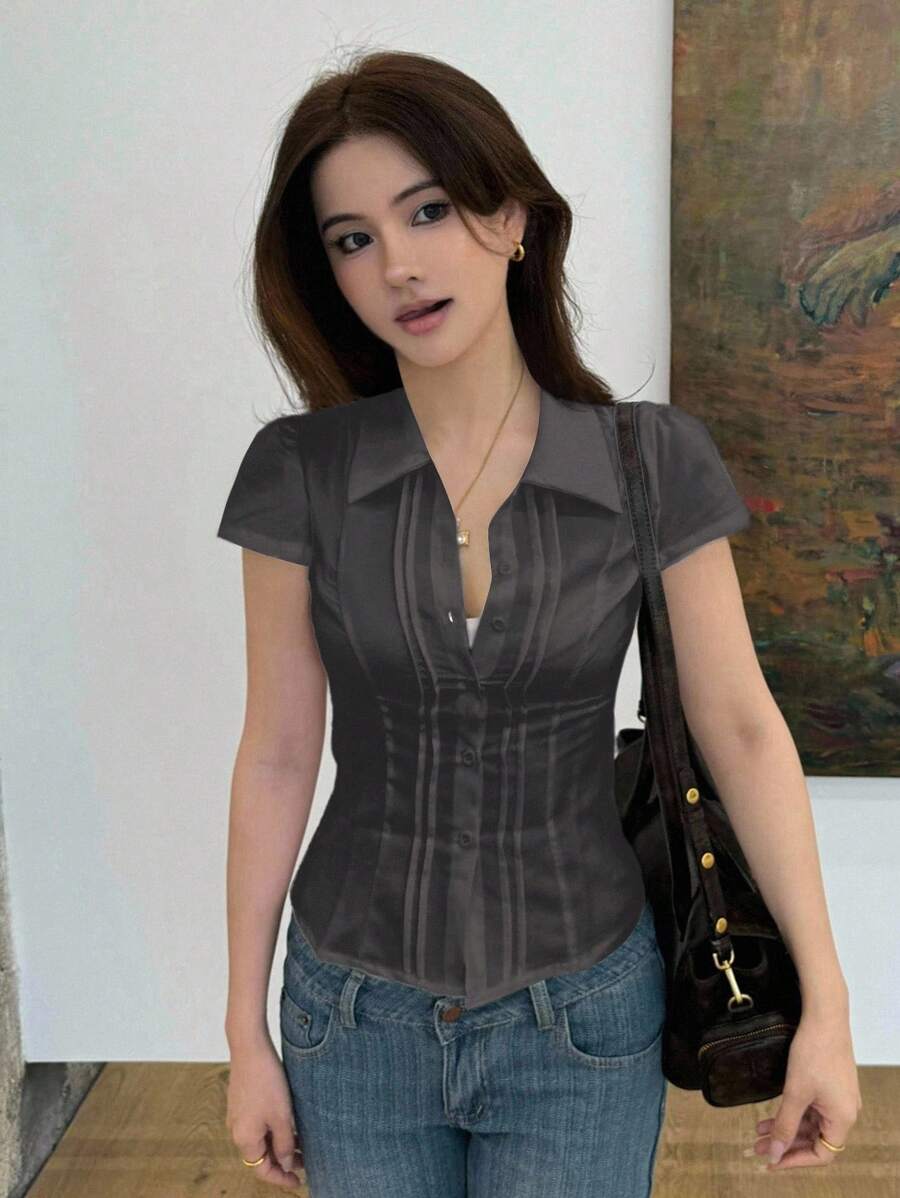 Women's Slim-Fit Collared Blouse – Short Sleeve, Solid Color