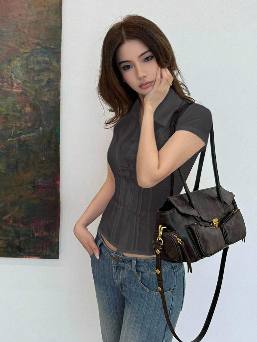 Women's Slim-Fit Collared Blouse – Short Sleeve, Solid Color