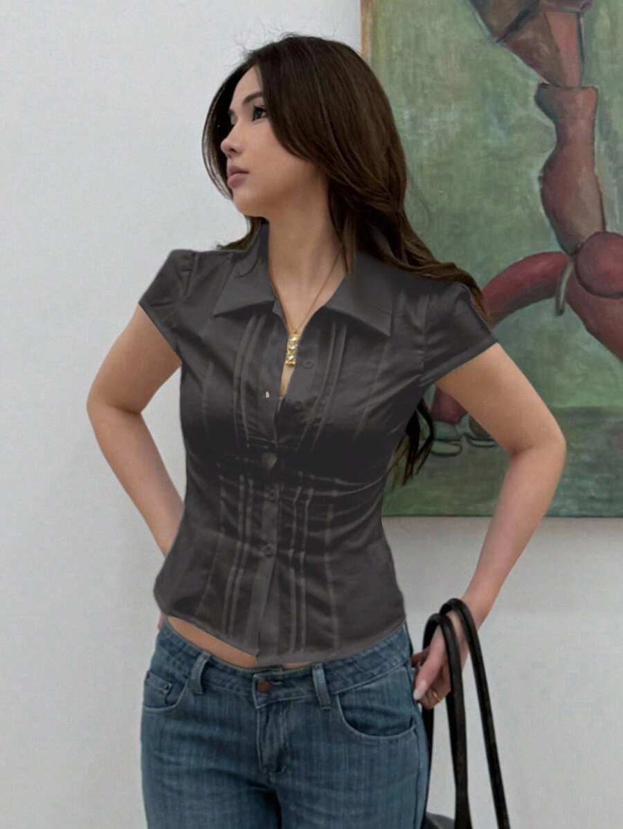 Women's Slim-Fit Collared Blouse – Short Sleeve, Solid Color