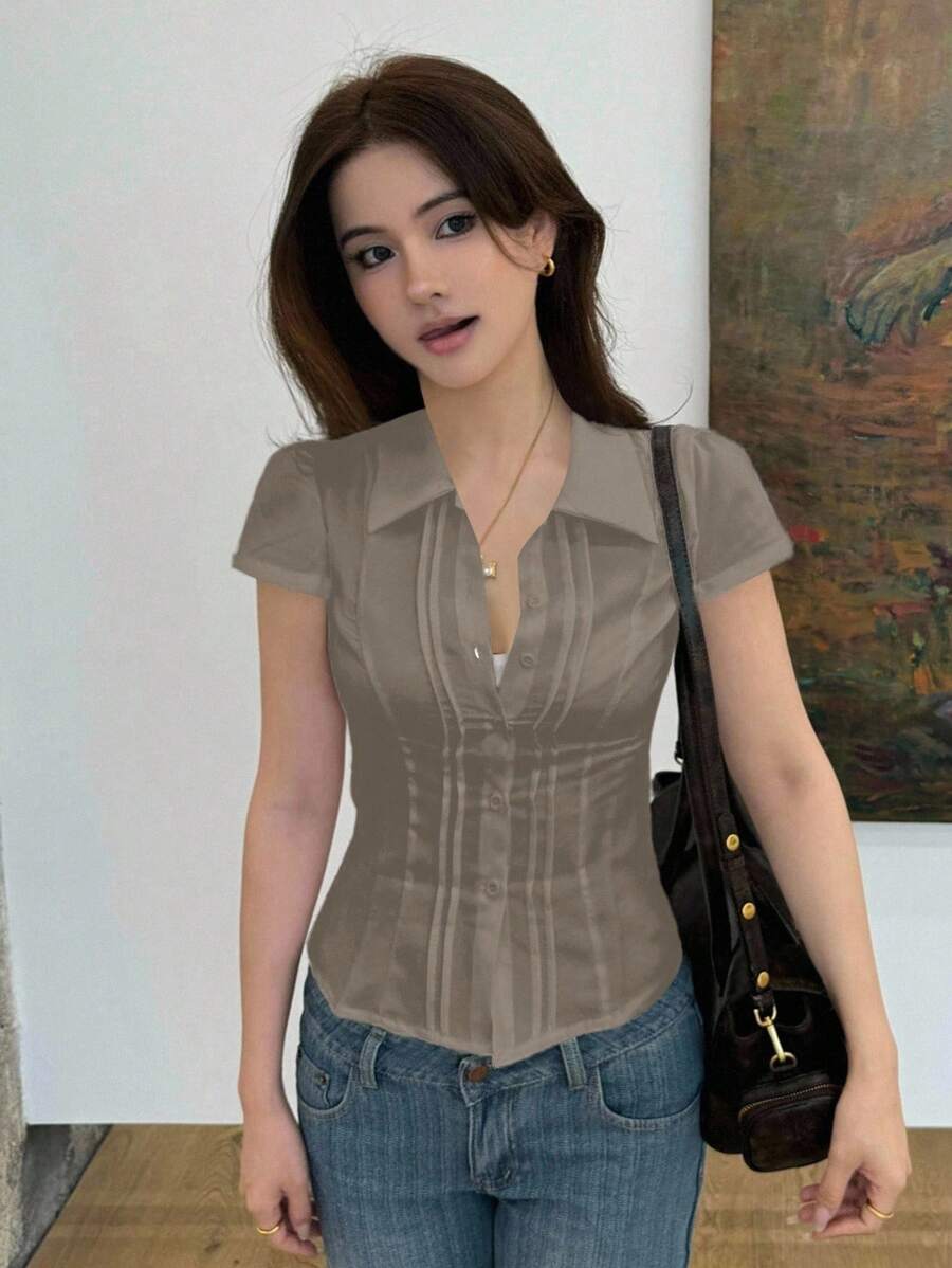Women's Slim-Fit Collared Blouse – Short Sleeve, Solid Color