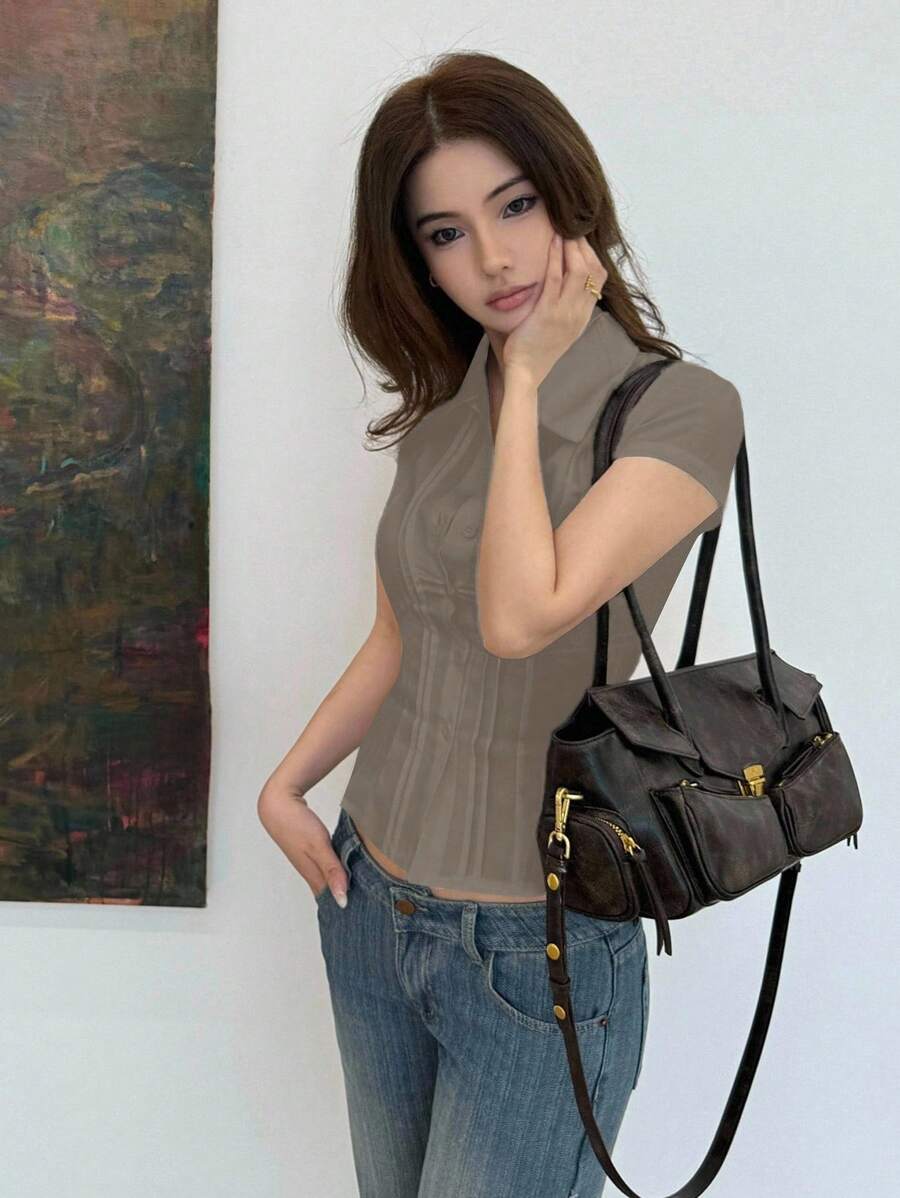 Women's Slim-Fit Collared Blouse – Short Sleeve, Solid Color