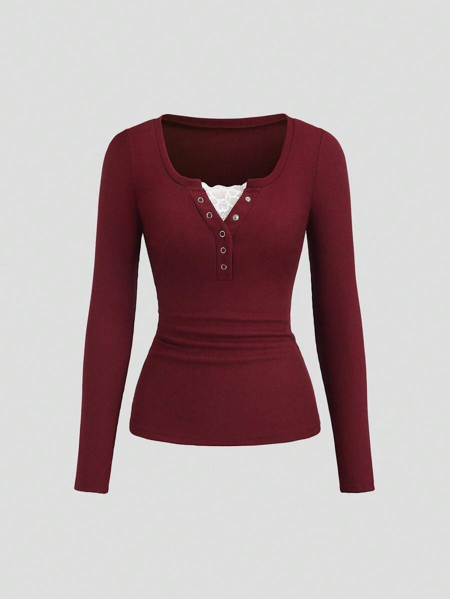 **Women’s Lace-Trim Mock Neck Long Sleeve Top**