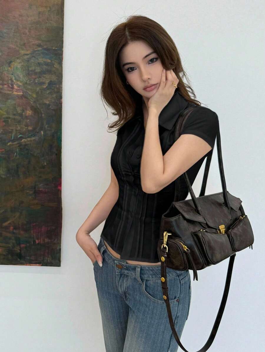 Women's Slim-Fit Collared Blouse – Short Sleeve, Solid Color