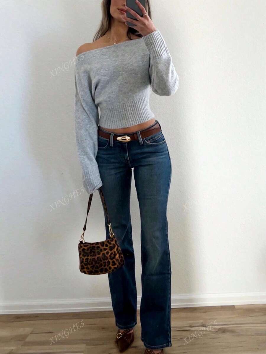 Women's Asymmetric Neck Knit Sweater – Elegant & Casual (Autumn/Winter)