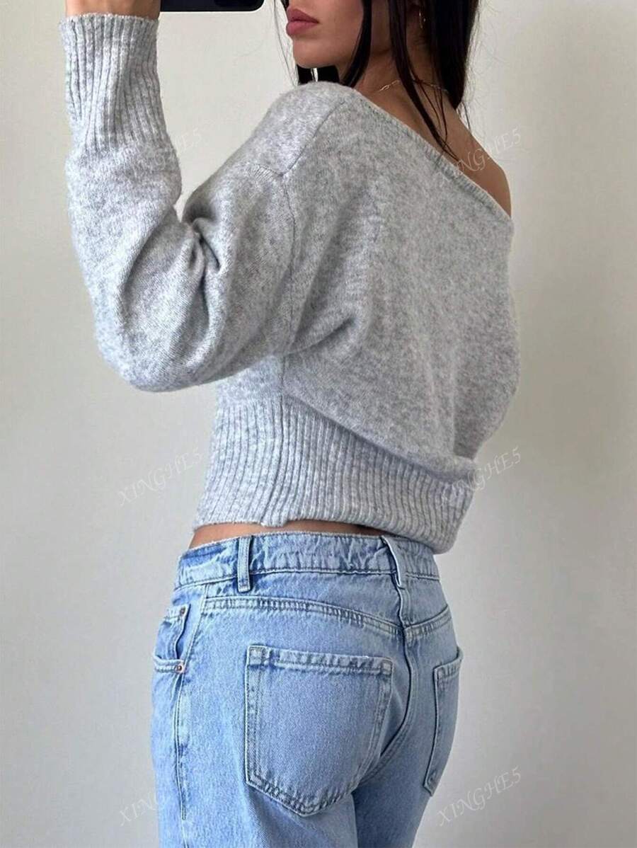 Women's Asymmetric Neck Knit Sweater – Elegant & Casual (Autumn/Winter)
