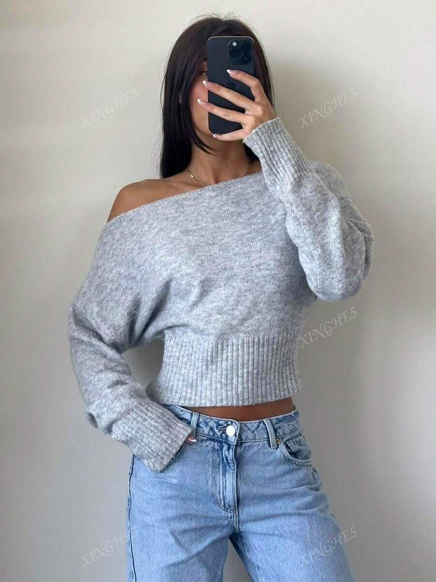 Women's Asymmetric Neck Knit Sweater – Elegant & Casual (Autumn/Winter)