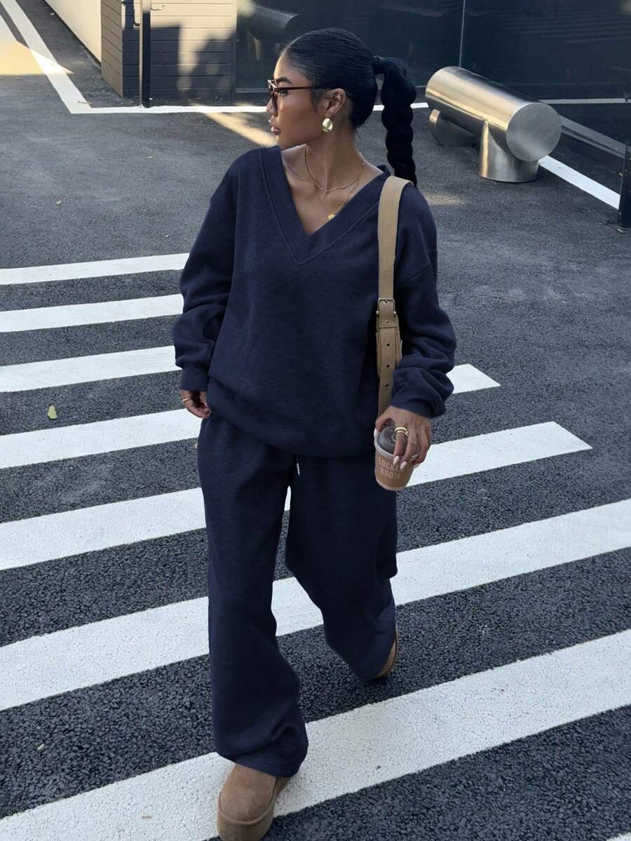 Women's 2-Piece Oversized Fleece Sweatshirt & Sweatpants Set – Navy (Autumn/Winter)