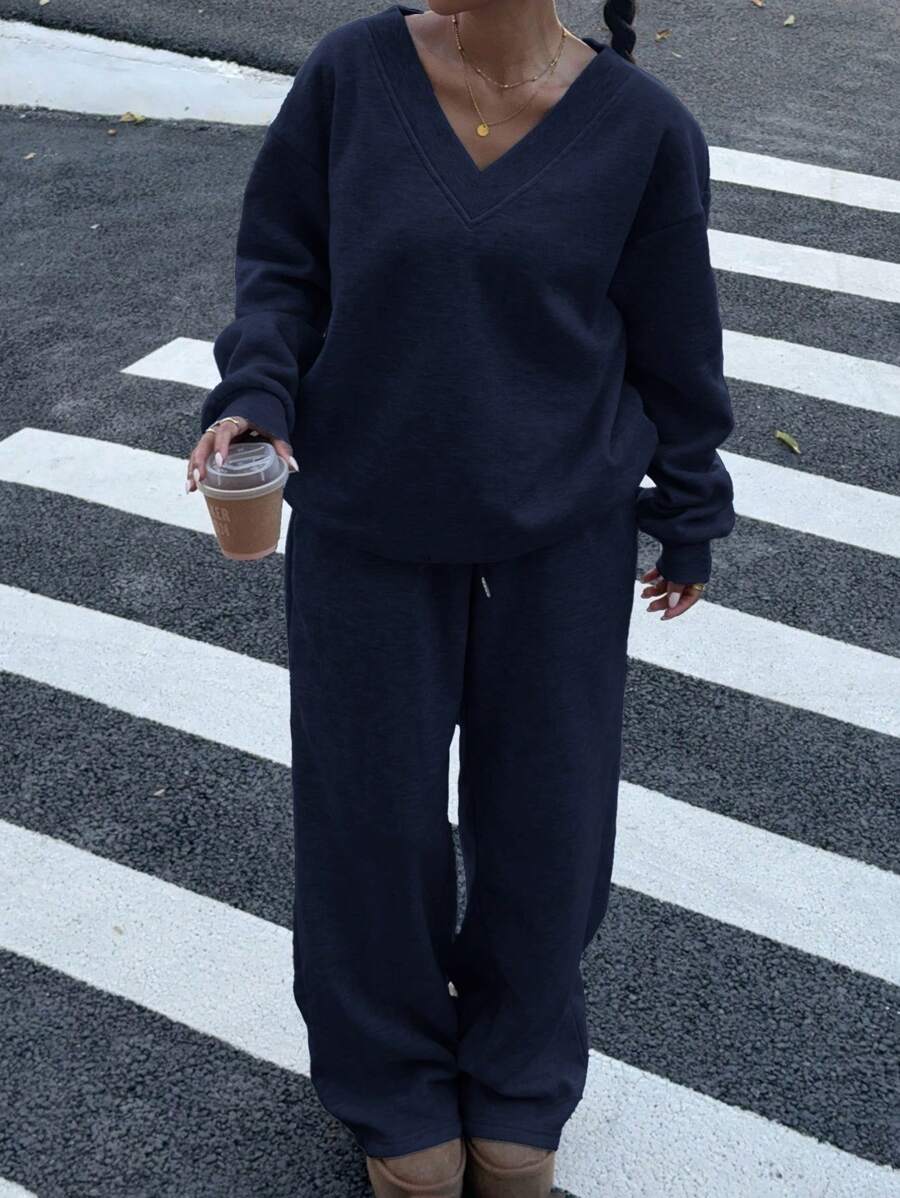Women's 2-Piece Oversized Fleece Sweatshirt & Sweatpants Set – Navy (Autumn/Winter)