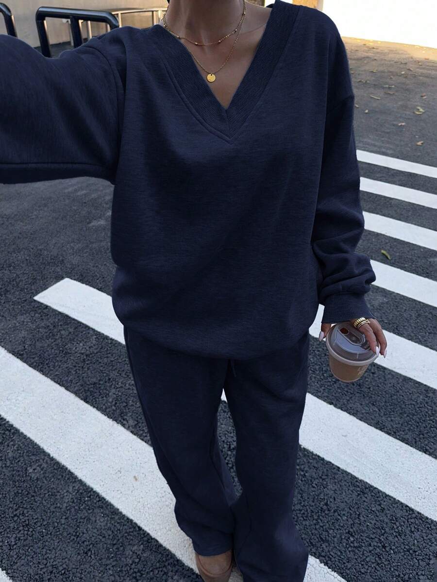 Women's 2-Piece Oversized Fleece Sweatshirt & Sweatpants Set – Navy (Autumn/Winter)