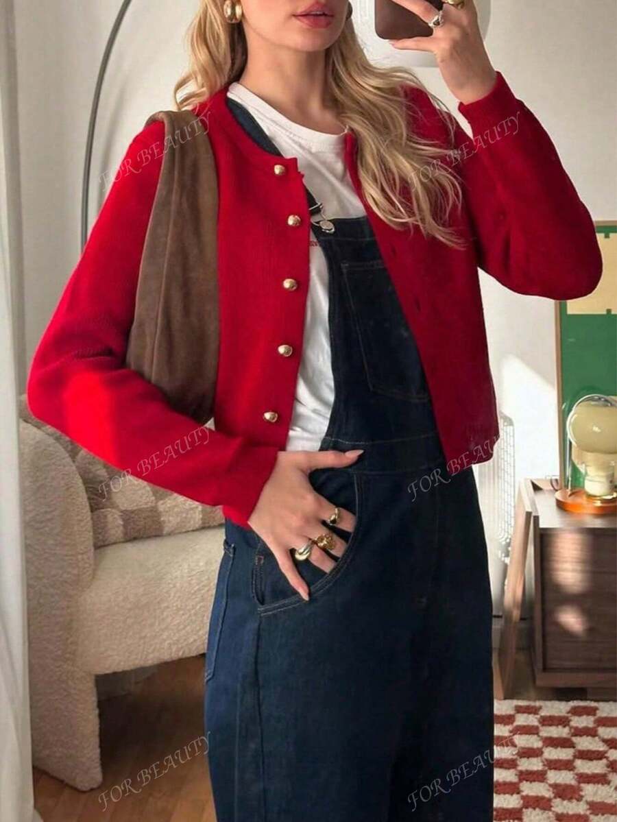 Women's Round Neck Twisted Buckle Knit Cardigan – Solid Color (Autumn/Winter)