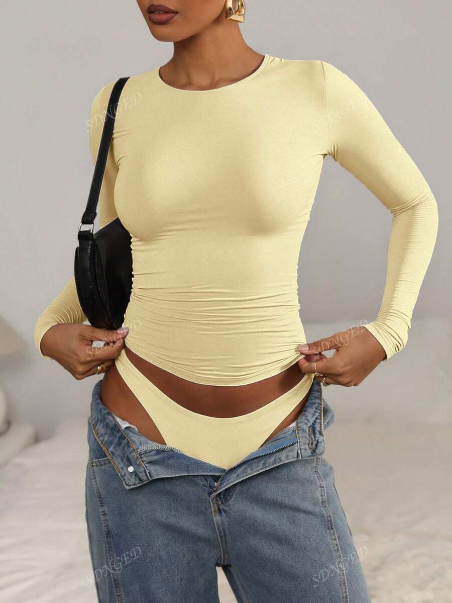 Women's Ruched Slim-Fit Long Sleeve T-Shirt – Plain Crew Neck (All Seasons)