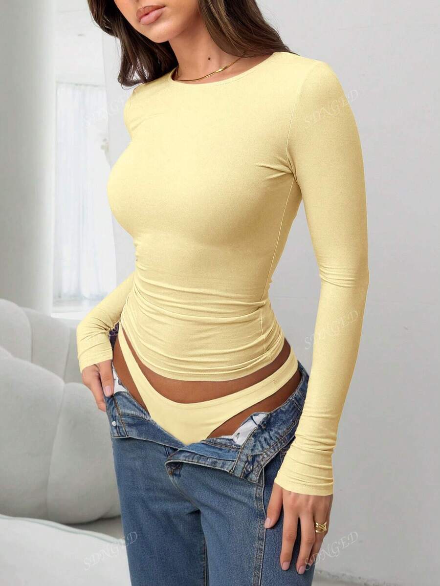 Women's Ruched Slim-Fit Long Sleeve T-Shirt – Plain Crew Neck (All Seasons)
