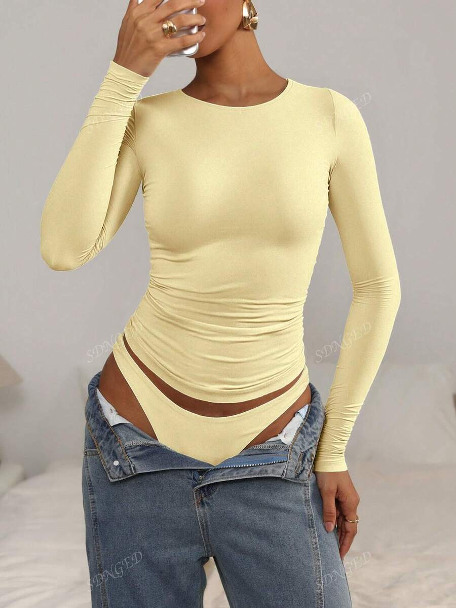 Women's Ruched Slim-Fit Long Sleeve T-Shirt – Plain Crew Neck (All Seasons)