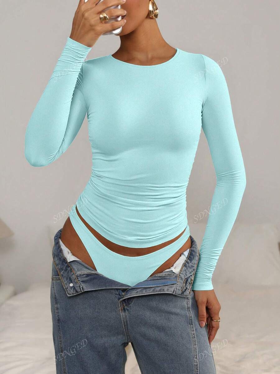 Women's Ruched Slim-Fit Long Sleeve T-Shirt – Plain Crew Neck (All Seasons)