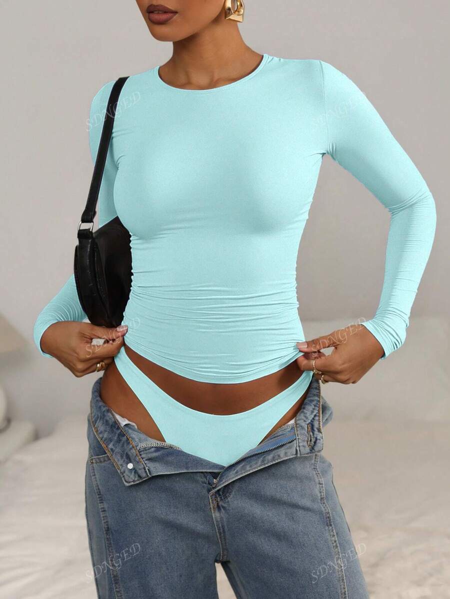 Women's Ruched Slim-Fit Long Sleeve T-Shirt – Plain Crew Neck (All Seasons)