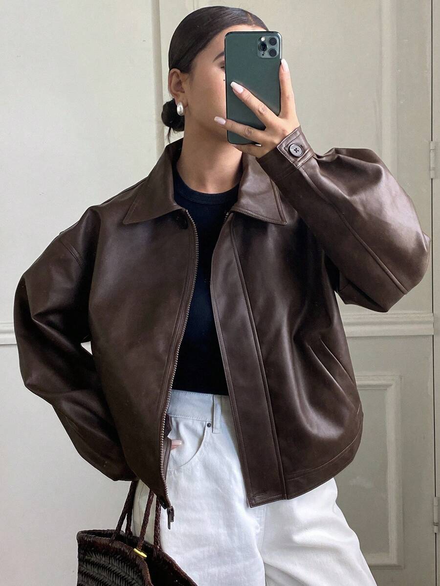 **Women’s Loose Casual Thick PU Jacket**
