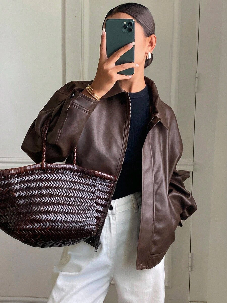 **Women’s Loose Casual Thick PU Jacket**