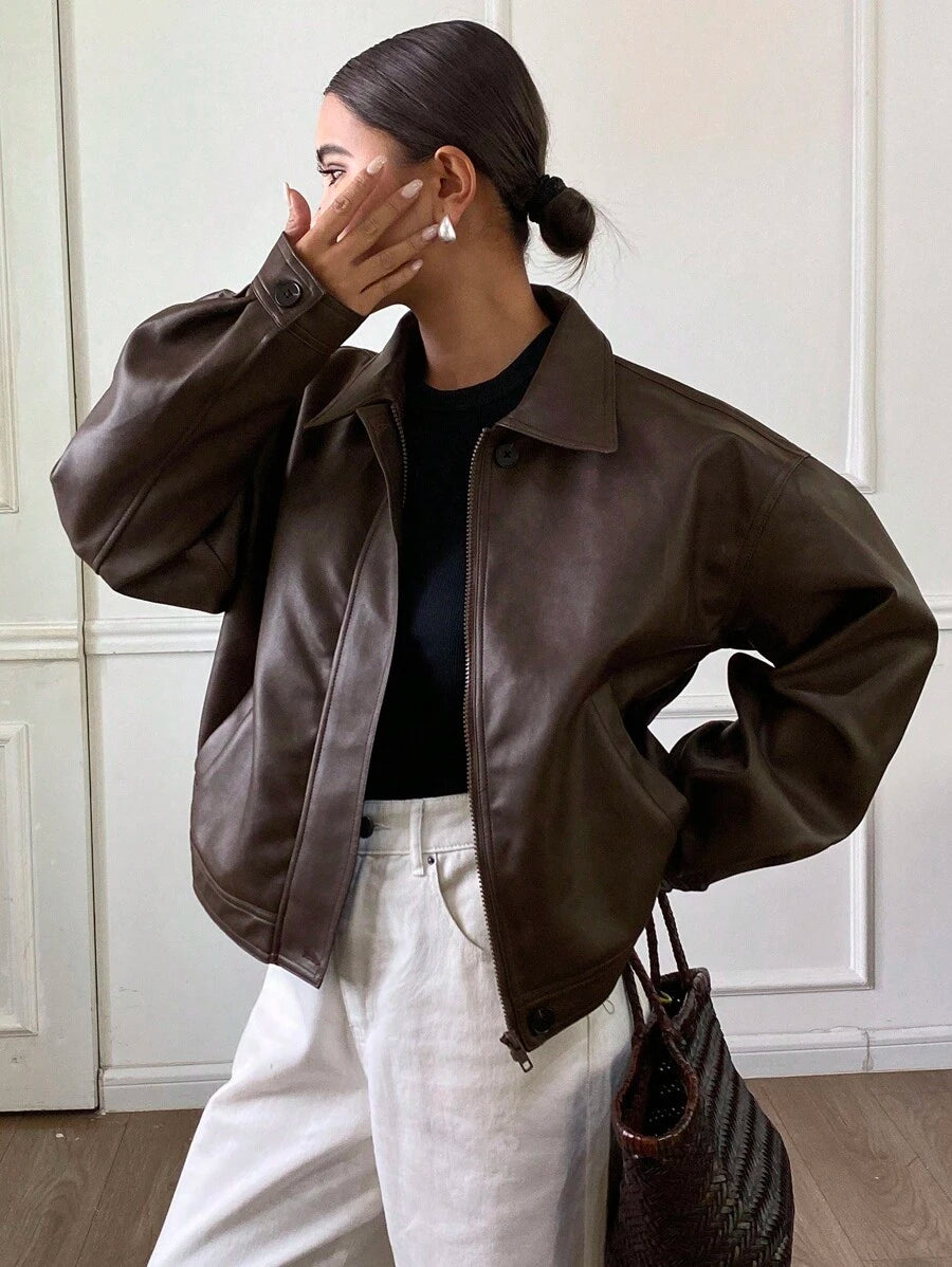 **Women’s Loose Casual Thick PU Jacket**