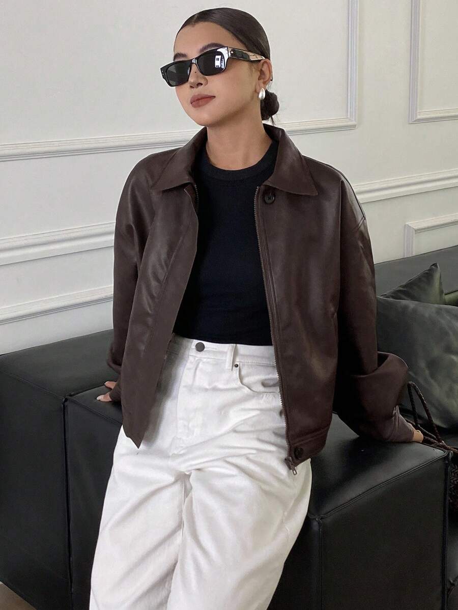 **Women’s Loose Casual Thick PU Jacket**