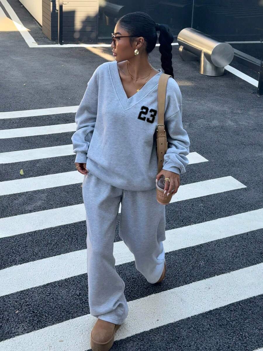 Women's 2-Piece Oversized Fleece Sweatshirt & Sweatpants Set – Navy (Autumn/Winter)