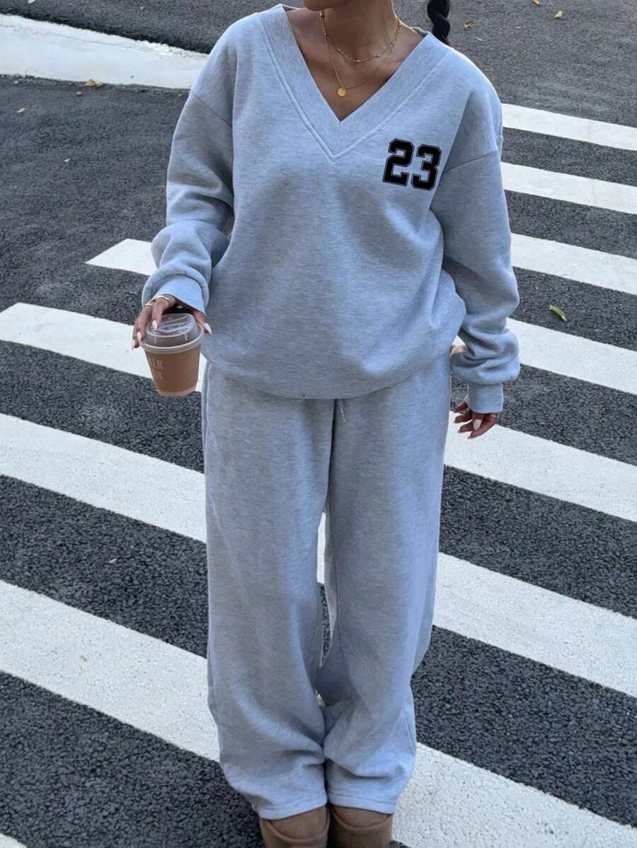 Women's 2-Piece Oversized Fleece Sweatshirt & Sweatpants Set – Navy (Autumn/Winter)
