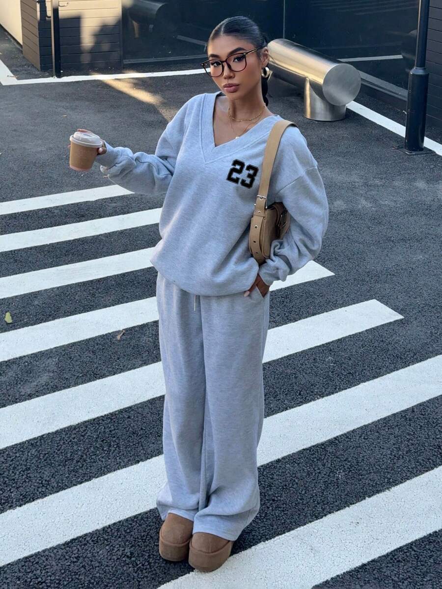 Women's 2-Piece Oversized Fleece Sweatshirt & Sweatpants Set – Navy (Autumn/Winter)