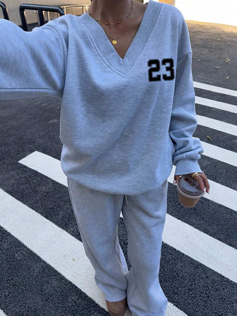 Women's 2-Piece Oversized Fleece Sweatshirt & Sweatpants Set – Navy (Autumn/Winter)