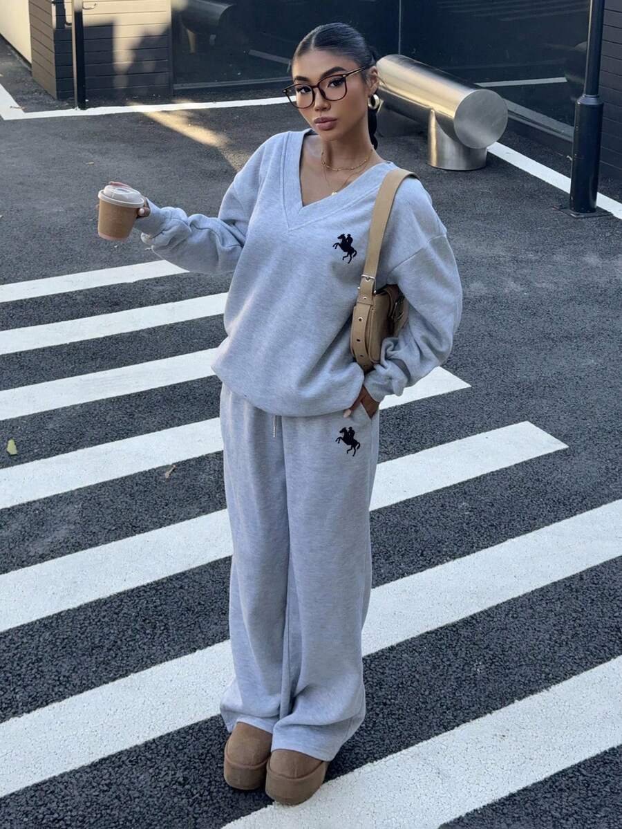 Women's 2-Piece Oversized Fleece Sweatshirt & Sweatpants Set – Navy (Autumn/Winter)
