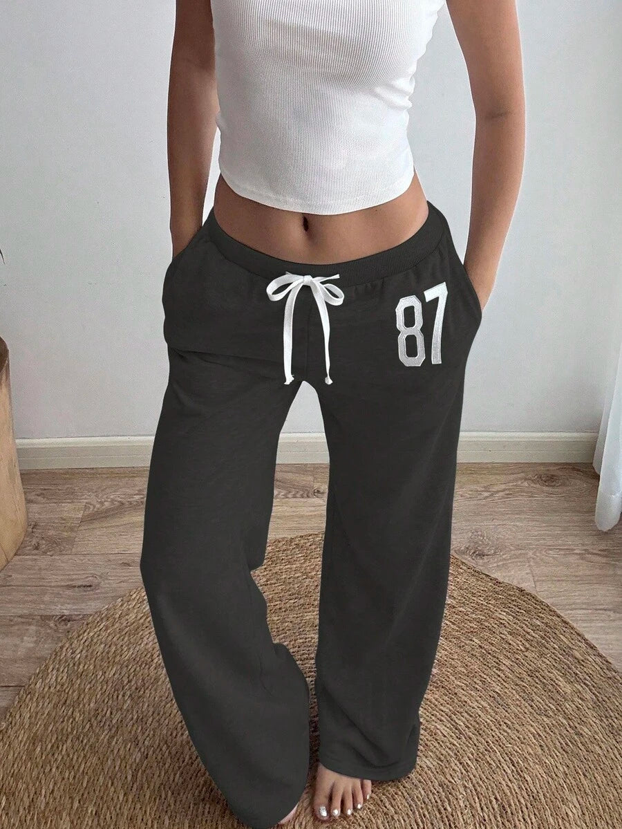 Women's Low-Waist Flared Joggers – No.87 Embroidery, Vintage Sports Style (Spring–Fall)