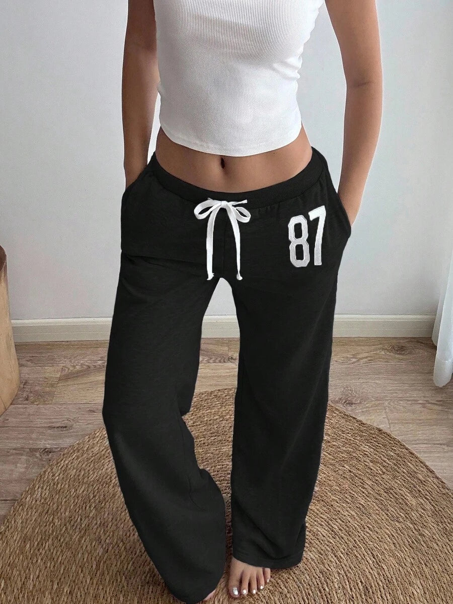 Women's Low-Waist Flared Joggers – No.87 Embroidery, Vintage Sports Style (Spring–Fall)
