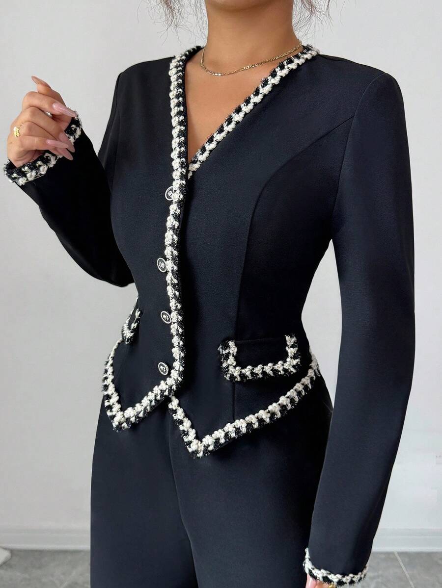 **Women’s Vintage V-Neck Button Blouse with Contrast Trim (2-Piece Set)**