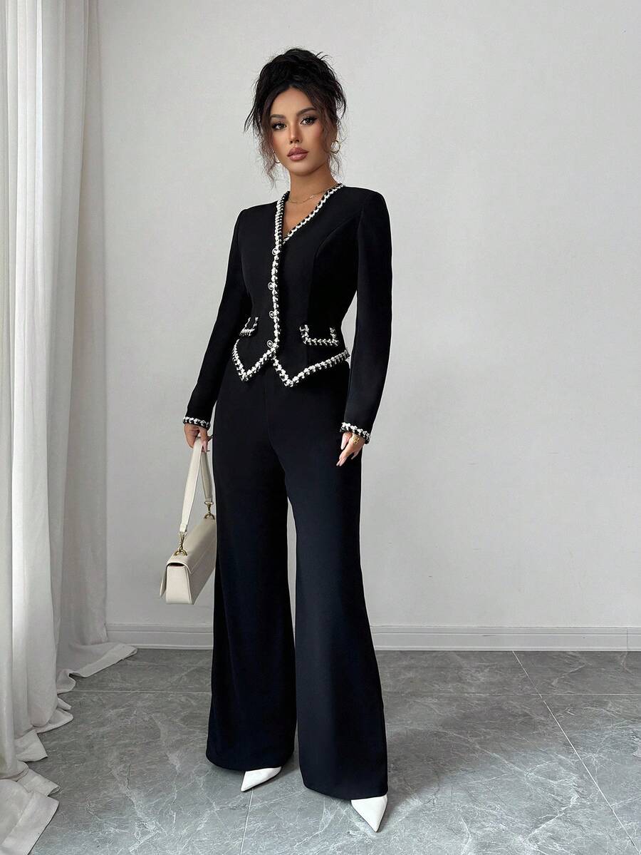 **Women’s Vintage V-Neck Button Blouse with Contrast Trim (2-Piece Set)**